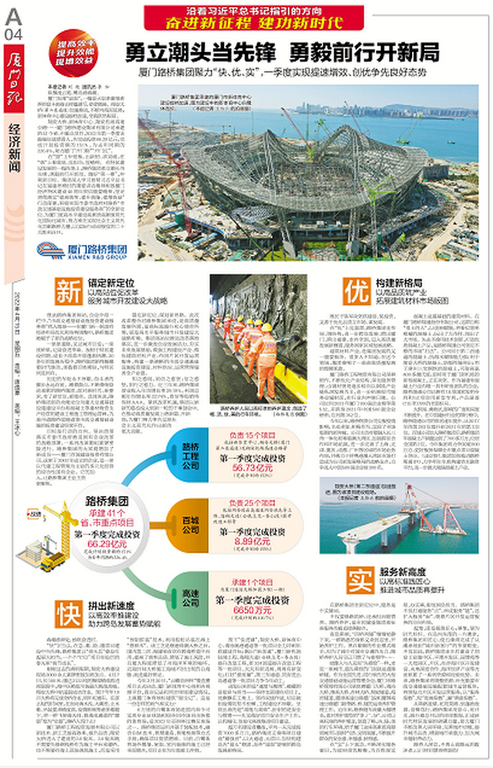 20220415【黨辦】廈門日?qǐng)?bào)：勇立潮頭當(dāng)先鋒  勇毅前行開(kāi)新局—— 廈門路橋集團(tuán)聚力“快、優(yōu)、實(shí)”，一季度實(shí)現(xiàn)提速增效、創(chuàng)優(yōu)爭(zhēng)先良好態(tài)勢(shì)_調(diào)整大小.png